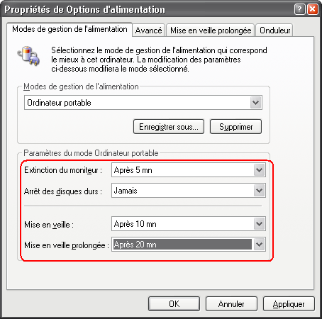 Options d´alimentation : les mises en veille