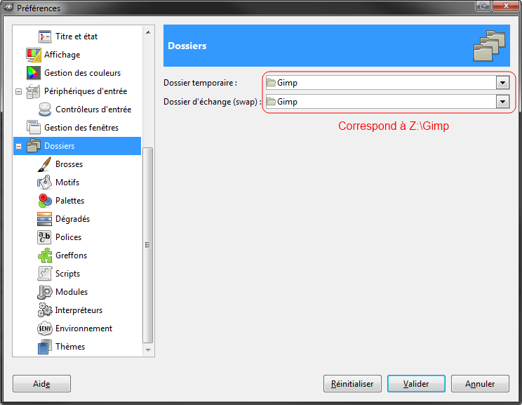 Réglage du cache de Gimp