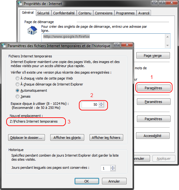 Déplacement du cache d´internet Explorer 8