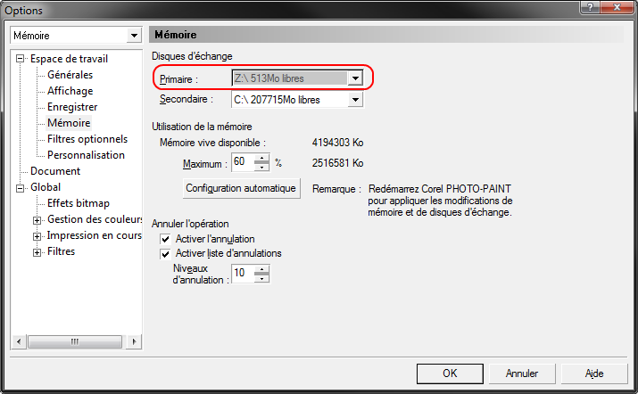 Réglage du cache de PhotoPaint