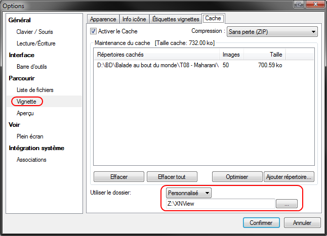 Réglage du cache de XNview