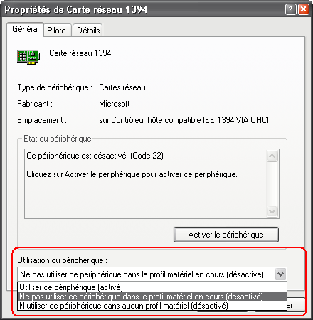 Gestion des profils dans le gestionnaire de périphériques